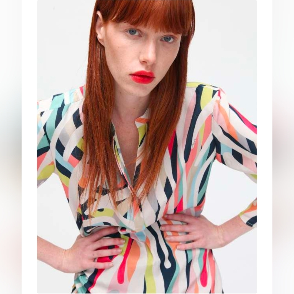Vilagallo Orange Yellow Graphic Blouse with Mandarin Collar - Picture 1 of 5